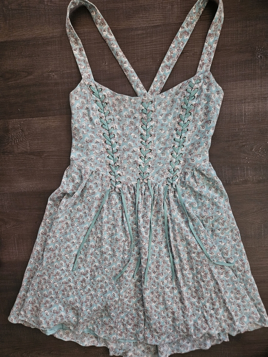 Free People Dresses & Skirts - Free People Floral Corset Lace Up Mini Dress Blue / Teal Cottagecore Size 10